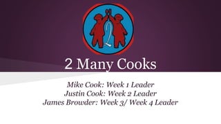 2 Many Cooks
Mike Cook: Week 1 Leader
Justin Cook: Week 2 Leader
James Browder: Week 3/ Week 4 Leader
 