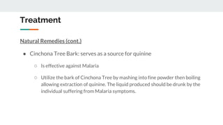 Treatment
Natural Remedies (cont.)
● Cinchona Tree Bark: serves as a source for quinine
○ Is effective against Malaria
○ Utilize the bark of Cinchona Tree by mashing into fine powder then boiling
allowing extraction of quinine. The liquid produced should be drunk by the
individual suffering from Malaria symptoms.
 