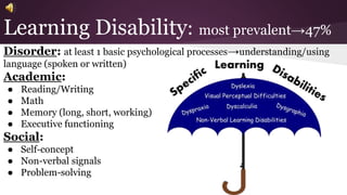 Learning Disability: most prevalent→47% 
Disorder: at least 1 basic psychological processes→understanding/using 
language (spoken or written) 
Academic: 
● Reading/Writing 
● Math 
● Memory (long, short, working) 
● Executive functioning 
Social: 
● Self-concept 
● Non-verbal signals 
● Problem-solving 
 