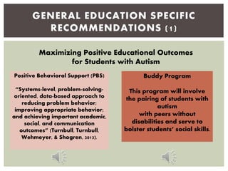 GENERAL EDUCATION SPECIFIC
RECOMMENDATIONS (1)
Maximizing Positive Educational Outcomes
for Students with Autism
Positive Behavioral Support (PBS)
“Systems-level, problem-solving-
oriented, data-based approach to
reducing problem behavior;
improving appropriate behavior;
and achieving important academic,
social, and communication
outcomes” (Turnbull, Turnbull,
Wehmeyer, & Shogren, 2013).
Buddy Program
This program will involve
the pairing of students with
autism
with peers without
disabilities and serve to
bolster students’ social skills.
 