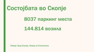 Состојбата во Скопје
8037 паркинг места
144.814 возила
Извор: Град Скопје, Завод за Статистика
 