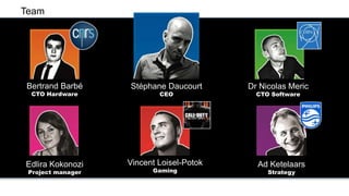 Bertrand Barbé
CTO Hardware
Dr Nicolas Meric
CTO Software
Stéphane Daucourt
CEO
Edlira Kokonozi
Project manager
Vincent Loisel-Potok
Gaming
Ad Ketelaars
Strategy
Team
 