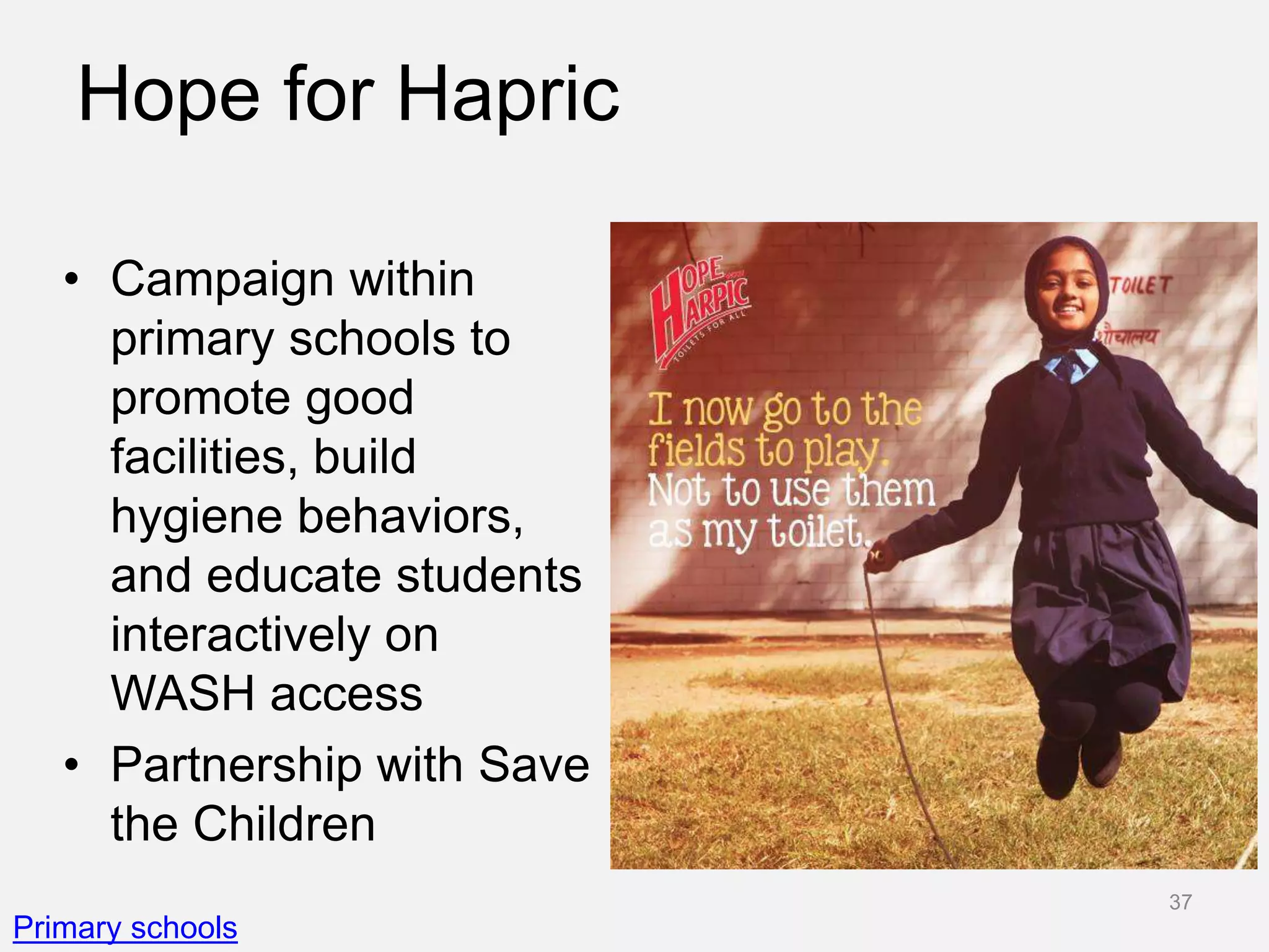 Hope for Hapric
• Campaign within
primary schools to
promote good
facilities, build
hygiene behaviors,
and educate students
interactively on
WASH access
• Partnership with Save
the Children
Primary schools
37
 