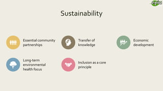 Sustainability
Essential community
partnerships
Transfer of
knowledge
Economic
development
Long-term
environmental
health focus
Inclusion as a core
principle
 