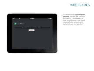 WIREFRAMES
Marie decides to ask Watson a
question herself. She wants to
know which candidate in her
state is most passionate about
creating better schools, and
starts typing in her question.

 