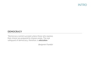 INTRO

DEMOCRACY
”Democracy cannot succeed unless those who express
their choice are prepared to choose wisely. The real
safeguard of democracy, therefore, is education. ”

Benjamin Franklin

 