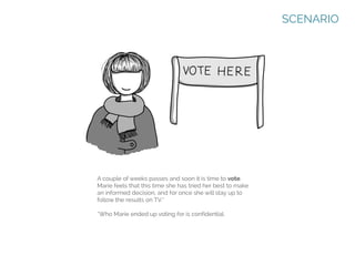SCENARIO

A couple of weeks passes and soon it is time to vote.
Marie feels that this time she has tried her best to make
an informed decision, and for once she will stay up to
follow the results on TV.*
*Who Marie ended up voting for is confidential.

 