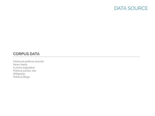 DATA SOURCE

CORPUS DATA
Historical political records
News feeds
Current legislation
Political parties site
Wikipedia
Political Blogs

 
