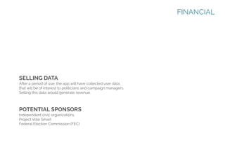 FINANCIAL

SELLING DATA
After a period of use, the app will have collected user data
that will be of interest to politicians and campaign managers.
Selling this data would generate revenue.

POTENTIAL SPONSORS
Independent civic organizations
Project Vote Smart
Federal Election Commission (FEC)

 