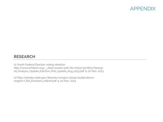APPENDIX

RESEARCH
(1) Youth Federal Election voting intention
http:/
/www.whitlam.org/__data/assets/pdf_file/0005/507803/Newsp
oll_Analysis_Update_Election_Poll_Update_Aug_2013.pdf @ 20 Nov. 2013
(2) http:/
/photos.state.gov/libraries/amgov/30145/publicationsenglish/USA_Elections_InBrief.pdf @ 20 Nov. 2013

 