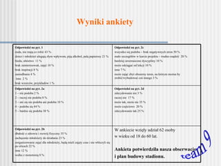 Wyniki ankiety team 9 W ankiecie wzięły udział 62 osoby  w wieku od 18 do 60 lat. Ankieta potwierdziła nasza obserwacje  i plan budowy stadionu. Odpowiedzi na pyt. 2b dbałość o zdrowie i rozwój fizyczny 35 % zachęcenie młodzieży do działania 23 % zorganizowanie zajęć dla młodzieży, będą mieli zajęty czas i nie włóczyli się po ulicach 22 % inne 12 % walka z monotonią 8 % Odpowiedzi na pyt. 2d zdecydowanie nie 3 % raczej nie  17 % może tak, może nie 35 % może częściowo  20 % zdecydowanie tak 25 % Odpowiedzi na pyt. 2a 1 – nie podoba 2 % 2 – raczej nie podoba 8 % 3 – ani się nie podoba ani podoba 10 % 4 – podoba się 44 % 5 – bardzo się podoba 38 %   Odpowiedzi na pyt. 2c wszystko się podoba – brak negatywnych stron 50 % mało szczegółów w karcie projektu – trudno osądzić  2 0 % bardziej urozmaicone dyscypliny 10 % może odciągać od lekcji 10 % inne 7 % może zająć zbyt obszerny teren, na którym można by zrobić/wybudować coś innego 3 %   Odpowiedzi na pyt. 1 nuda, nie mają co robić 43 % dzieci i młodzież ulegają złym wpływom, piją alkohol, palą papierosy 21 % bieda, ubóstwo  11 % brak zainteresowań, zajęć 10 % brak inspiracji 8 % zaniedbanie 4 % inne  2 % brak wzorców, przykładów 1 %   