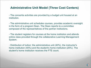 The consortia activities are provided by a budget unit housed at an institution. The administrative unit schedules courses, provides academic oversight in the form of a program Dean. The Dean reports to a committee composed of the representatives of the partner institutions. The student registers for courses at the home institution and attends online class provided through the collaborative Learning Management System. Distribution of tuition: the administrative unit (40%), the instructor's home institution (40%) and the student's home institution (20%). The student's home institution receives the FTE count.  Administrative Unit Model (Three Cost Centers)  