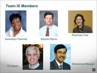 Team IX Members Gwendolyn Packnett Rosemary Feal Tim Elgren Stephen Myers Mohammed Bhuiyan  