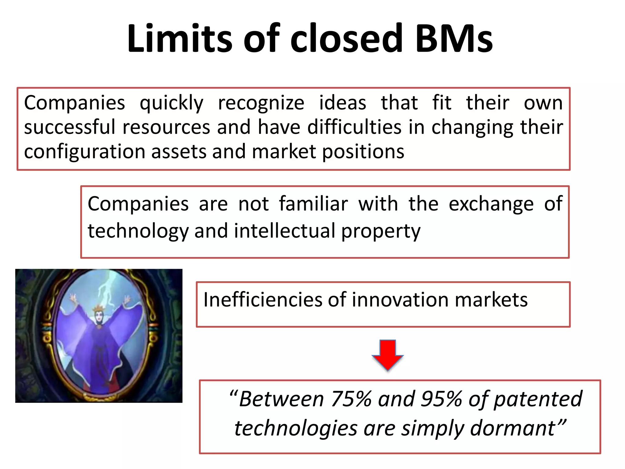 Limits of closed BMs
Companies quickly recognize ideas that fit their own
successful resources and have difficulties in changing their
configuration assets and market positions
Inefficiencies of innovation markets
Companies are not familiar with the exchange of
technology and intellectual property
“Between 75% and 95% of patented
technologies are simply dormant”
 