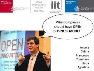 Angela
Chiara
Francesco
Tommaso
Ilaria
Agostina
Why Companies
should have OPEN
BUSINESS MODEL !
Ufficio
Valorizzazione
Ricerche
UVR-SSSA
 