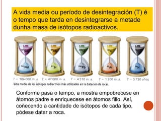 A vida media ou período de desintegración (T) é
o tempo que tarda en desintegrarse a metade
dunha masa de isótopos radioactivos.
Conforme pasa o tempo, a mostra empobrecese en
átomos padre e enriquecese en átomos fillo. Así,
coñecendo a cantidade de isótopos de cada tipo,
pódese datar a roca.
 