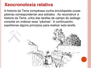 Xeocronoloxía relativa
A historia da Terra compárase cunha enciclopedia cuxas
páxinas corresponderían aos estratos . Ao reconstruír a
historia da Terra, unha das tarefas de campo do xeólogo
consiste en ordenar esas “páxinas”. A continuación,
expóñense algúns principios para realizar esta tarefa.
 
