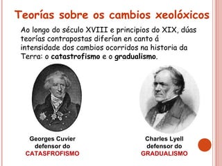 Teorías sobre os cambios xeolóxicos
Ao longo do século XVIII e principios do XIX, dúas
teorías contrapostas diferían en canto á
intensidade dos cambios ocorridos na historia da
Terra: o catastrofismo e o gradualismo.
Georges Cuvier
defensor do
CATASFROFISMO
Charles Lyell
defensor do
GRADUALISMO
 