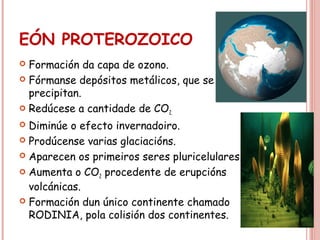 EÓN PROTEROZOICO
 Formación da capa de ozono.
 Fórmanse depósitos metálicos, que se oxidan e
precipitan.
 Redúcese a cantidade de CO2.
 Diminúe o efecto invernadoiro.
 Prodúcense varias glaciacións.
 Aparecen os primeiros seres pluricelulares.
 Aumenta o CO2 procedente de erupcións
volcánicas.
 Formación dun único continente chamado
RODINIA, pola colisión dos continentes.
 