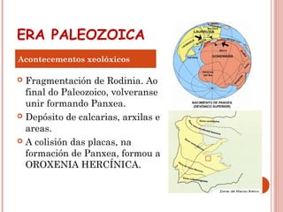 ERA PALEOZOICA
 Fragmentación de Rodinia. Ao
final do Paleozoico, volveranse
unir formando Panxea.
 Depósito de calcarias, arxilas e
areas.
 A colisión das placas, na
formación de Panxea, formou a
OROXENIA HERCÍNICA.
Acontecementos xeolóxicos
 