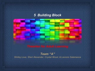 Theories for Adult Learning
Team “A”
Shirley Love, Sheri Alexander, Crystal Wood, & Leoncio Salamanca
5 Building Block
 