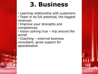 3. Business
• Learning relationship with customers
• Team in its full potential, the biggest
revenues
• Improve your strenghts and
competences
• Vision coming true – trip around the
world!
• Coaching – external business
consultant, gives support for
spesialization
 