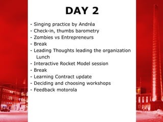 DAY 2
-   Singing practice by Andréa
-   Check-in, thumbs barometry
-   Zombies vs Entrepreneurs
-   Break
-   Leading Thoughts leading the organization
     Lunch
-   Interactive Rocket Model session
-   Break
-   Learning Contract update
-   Deciding and choosing workshops
-   Feedback motorola
 