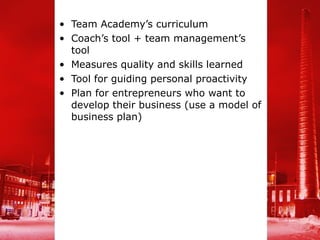 • Team Academy’s curriculum
• Coach’s tool + team management’s
  tool
• Measures quality and skills learned
• Tool for guiding personal proactivity
• Plan for entrepreneurs who want to
  develop their business (use a model of
  business plan)
 