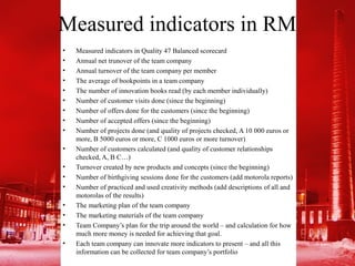 Measured indicators in RM
•   Measured indicators in Quality 47 Balanced scorecard
•   Annual net trunover of the team company
•   Annual turnover of the team company per member
•   The average of bookpoints in a team company
•   The number of innovation books read (by each member individually)
•   Number of customer visits done (since the beginning)
•   Number of offers done for the customers (since the beginning)
•   Number of accepted offers (since the beginning)
•   Number of projects done (and quality of projects checked, A 10 000 euros or
    more, B 5000 euros or more, C 1000 euros or more turnover)
•   Number of customers calculated (and quality of customer relationships
    checked, A, B C…)
•   Turnover created by new products and concepts (since the beginning)
•   Number of birthgiving sessions done for the customers (add motorola reports)
•   Number of practiced and used creativity methods (add descriptions of all and
    motorolas of the results)
•   The marketing plan of the team company
•   The marketing materials of the team company
•   Team Company’s plan for the trip around the world – and calculation for how
    much more money is needed for achieving that goal.
•   Each team company can innovate more indicators to present – and all this
    information can be collected for team company’s portfolio
 