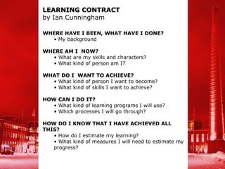 LEARNING CONTRACT
by Ian Cunningham

WHERE HAVE I BEEN, WHAT HAVE I DONE?
  • My background

WHERE AM I NOW?
  • What are my skills and characters?
  • What kind of person am I?

WHAT DO I WANT TO ACHIEVE?
  • What kind of person I want to become?
  • What kind of skills I want to achieve?

HOW CAN I DO IT?
   • What kind of learning programs I will use?
   • Which processes I will go through?

HOW DO I KNOW THAT I HAVE ACHIEVED ALL
THIS?
   • How do I estimate my learning?
   • What kind of measures I will need to estimate my
   progress?
 