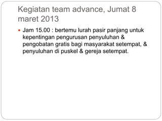 Kegiatan team advance, Jumat 8
maret 2013
 Jam 15.00 : bertemu lurah pasir panjang untuk
kepentingan pengurusan penyuluhan &
pengobatan gratis bagi masyarakat setempat, &
penyuluhan di puskel & gereja setempat.
 