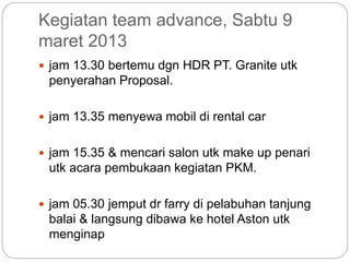 Kegiatan team advance, Sabtu 9
maret 2013
 jam 13.30 bertemu dgn HDR PT. Granite utk
penyerahan Proposal.
 jam 13.35 menyewa mobil di rental car
 jam 15.35 & mencari salon utk make up penari
utk acara pembukaan kegiatan PKM.
 jam 05.30 jemput dr farry di pelabuhan tanjung
balai & langsung dibawa ke hotel Aston utk
menginap
 