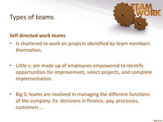 Types of teams 
Self directed work teams 
• Is chartered to work on projects identified by team members 
themselves. 
• Little s: are made up of employees empowered to identify 
opportunities for improvement, select projects, and complete 
implementation. 
• Big S: teams are involved in managing the different functions 
of the company. Ex: decisions in finance, pay, processes, 
customers … 
 