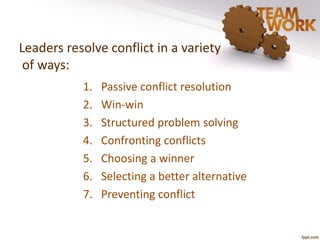 Leaders resolve conflict in a variety 
of ways: 
1. Passive conflict resolution 
2. Win-win 
3. Structured problem solving 
4. Confronting conflicts 
5. Choosing a winner 
6. Selecting a better alternative 
7. Preventing conflict 
 