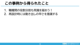 104
104
1. 職種間の役割分担も常識を疑おう！
2. 再設計時には動き出しの早さを意識する
この事例から得られたこと
 