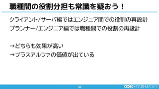 105
105
クライアント/サーバ編ではエンジニア間での役割の再設計
プランナー/エンジニア編では職種間での役割の再設計
→どちらも効果が高い
→プラスアルファの価値が出ている
職種間の役割分担も常識を疑おう！
 