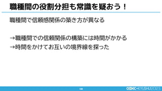 106
106
職種間で信頼感関係の築き方が異なる
→職種間での信頼関係の構築には時間がかかる
→時間をかけてお互いの境界線を探った
職種間の役割分担も常識を疑おう！
 