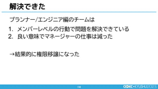 118
118
プランナー/エンジニア編のチームは
1. メンバーレベルの行動で問題を解決できている
2. 良い意味でマネージャーの仕事は減った
→結果的に権限移譲になった
解決できた
 
