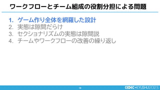 14
14
1. ゲーム作り全体を網羅した設計
2. 実態は隙間だらけ
3. セクショナリズムの実態は隙間説
4. チームやワークフローの改善の繰り返し
ワークフローとチーム組成の役割分担による問題
 
