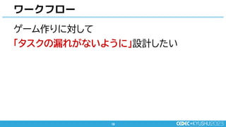 19
19
ゲーム作りに対して
「タスクの漏れがないように」設計したい
ワークフロー
 