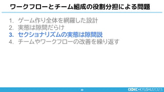 30
30
1. ゲーム作り全体を網羅した設計
2. 実態は隙間だらけ
3. セクショナリズムの実態は隙間説
4. チームやワークフローの改善を繰り返す
ワークフローとチーム組成の役割分担による問題
 