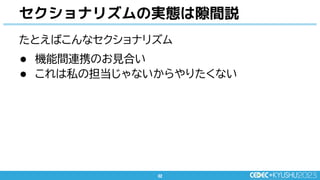 32
32
たとえばこんなセクショナリズム
● 機能間連携のお見合い
● これは私の担当じゃないからやりたくない
セクショナリズムの実態は隙間説
 