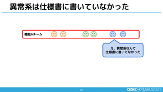 41
41
異常系は仕様書に書いていなかった
機能Aチーム
え、異常系なんて
仕様書に書いてなかった
 