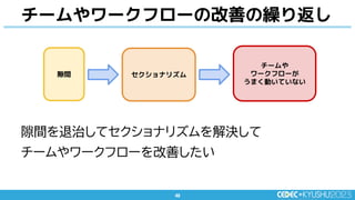 48
48
チームやワークフローの改善の繰り返し
隙間 セクショナリズム
チームや
ワークフローが
うまく動いていない
隙間を退治してセクショナリズムを解決して
チームやワークフローを改善したい
 