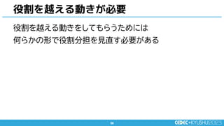56
56
役割を越える動きが必要
役割を越える動きをしてもらうためには
何らかの形で役割分担を見直す必要がある
 