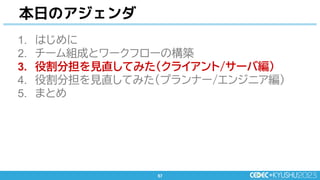 57
57
1. はじめに
2. チーム組成とワークフローの構築
3. 役割分担を見直してみた(クライアント/サーバ編)
4. 役割分担を見直してみた(プランナー/エンジニア編)
5. まとめ
本日のアジェンダ
 