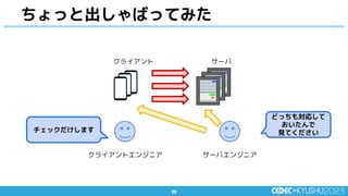 66
66
ちょっと出しゃばってみた
どっちも対応して
おいたんで
見てください
チェックだけします
クライアント サーバ
サーバエンジニア
クライアントエンジニア
 