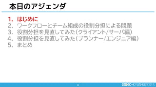 8
8
1. はじめに
2. ワークフローとチーム組成の役割分担による問題
3. 役割分担を見直してみた(クライアント/サーバ編)
4. 役割分担を見直してみた(プランナー/エンジニア編)
5. まとめ
本日のアジェンダ
 