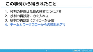 88
88
1. 役割の硬直は品質の硬直につながる
2. 役割の再設計に力を入れよ
3. 役割の再設計にフォローが必要
4. チームとワークフローからの逸脱もアリ
この事例から得られたこと
 