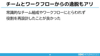 89
89
常識的なチーム組成やワークフローにとらわれず
役割を再設計したことが良かった
チームとワークフローからの逸脱もアリ
 